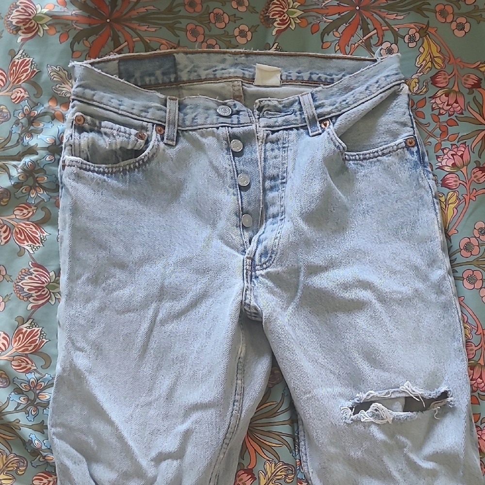 Light Blue Distressed Button-Fly Jeans